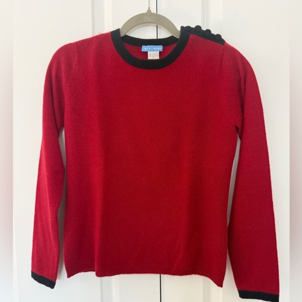 White + Warren Deep Red Cashmere Sweater Black Trim Button Shoulder Detail Sz S